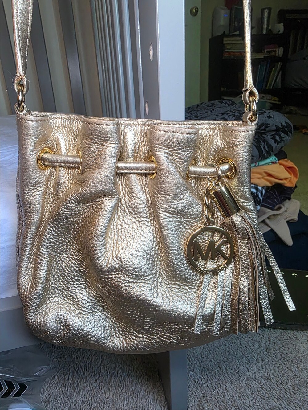 Michael Kors Metallic Gold Pebbled Leather Drawstring Crossbody Bag